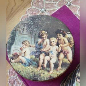 Vintage Cherub Angel Coasters in Tin Set of 5 Barware Holiday Gift 1995
